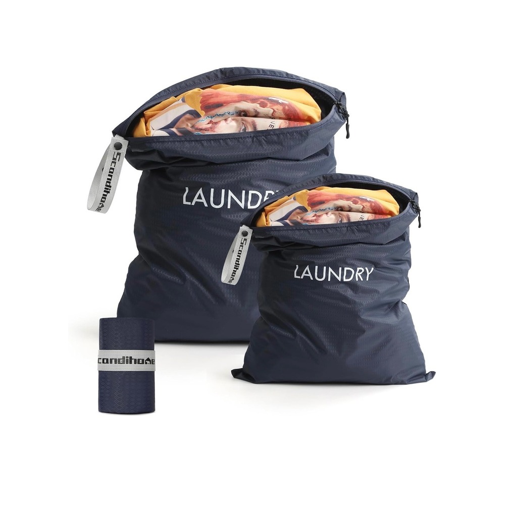 Scandihome Travel Laundry Bag Set 2pc Navy Blue Ripstop Nylon Zippered Pouches